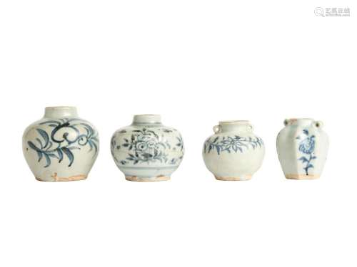 A GROUP OF FOUR SMALL BLUE AND WHITE JARLETS, YUAN-MING DYNA...
