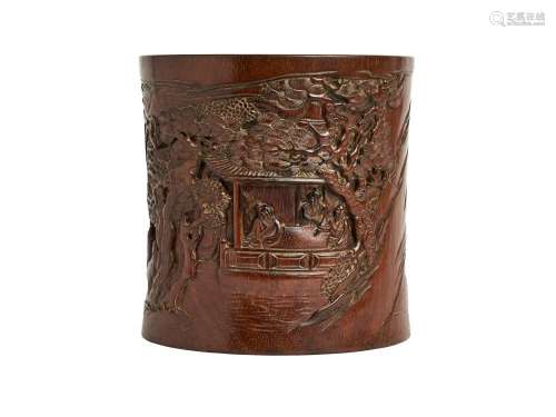 A LARGE BAMBOO CARVED BRUSH POT