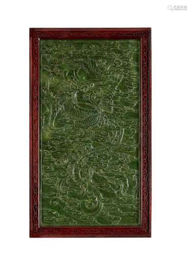 A FRAMED GREEN JADE DRAGON PLAQUE, 20TH CENTURY