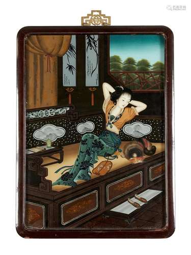 A FRAMED REVERSE GLASS PAINTING OF A LADY, LATE QING - EARLY...