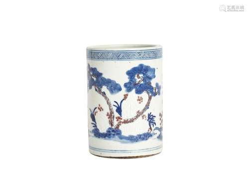 A BLUE AND WHITE AND COPPER RED BRUSH POT, LATE QING, 19TH C...