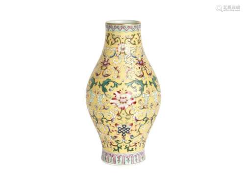 A FAMILLE ROSE SGRAFFIATO YELLOW-GROUND VASE, QIANLONG MARK,...