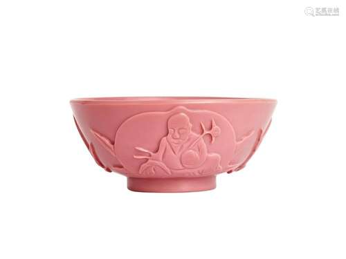 AN UNUSUAL CARVED LARGE OPAQUE PINK GLASS BOWL, QIANLONG FOU...