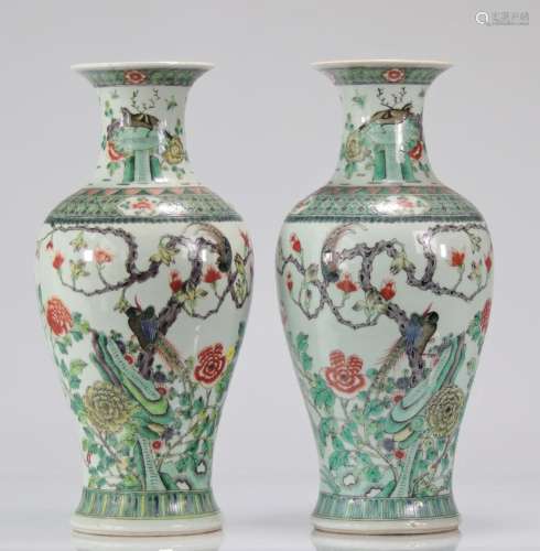 Pair of famille verte vases decorated with trendy birds