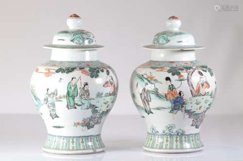 Pair of Qing dynasty famille verte covered vases decorated w...