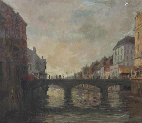 Joseph LEMAIRE (1891-1972) large oil "bridge in Liege&q...