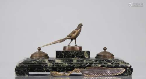Inkwell in marble and bronze surmounted by a pheasant