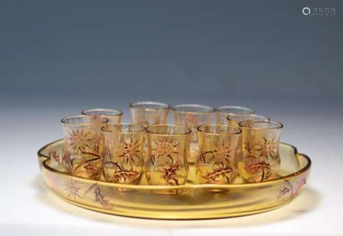Emile Galle tray and 10 enamelled crystal glasses