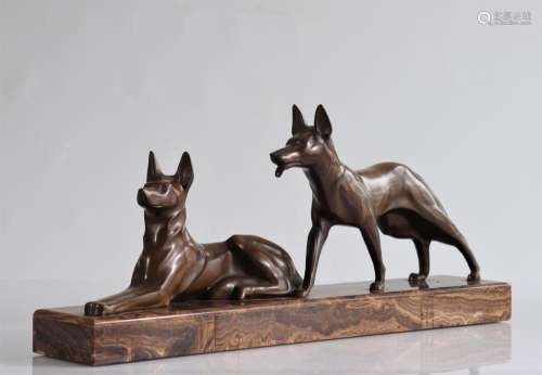 Michel Decoux. Two German Shepherds, c1920 Bronze, brown pat...