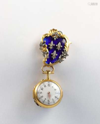 Pocket watch in gold and enamel decorated with fleur-de-lys ...