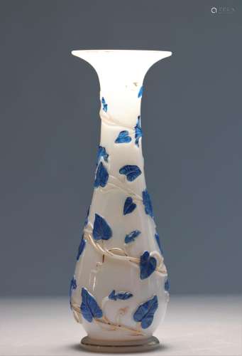 Baccarat blue bindweed vase in white molded pressed opaline ...