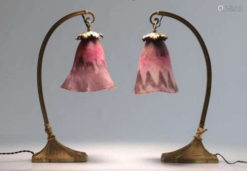 Pair of lamps, bronze base by Charles Ranc and cloudy DAUM t...