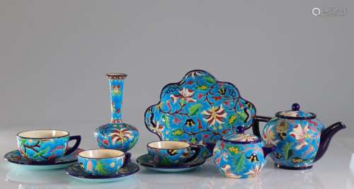 Enamels of Longwy coffee service and vase