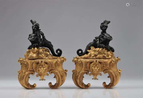 Pair of bronze andirons with two patinas 18th