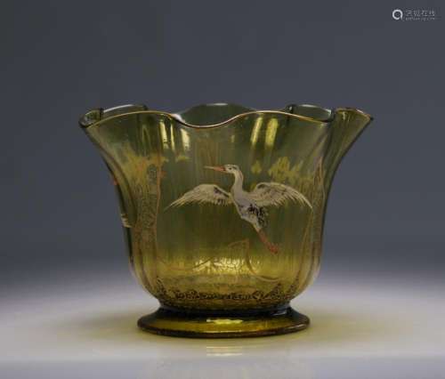 Galle crystal, cup with cranes and clouds, enamelled on an o...