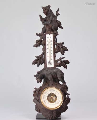 Black Forest Bear Thermometer Barometer Swiss Work Carved
