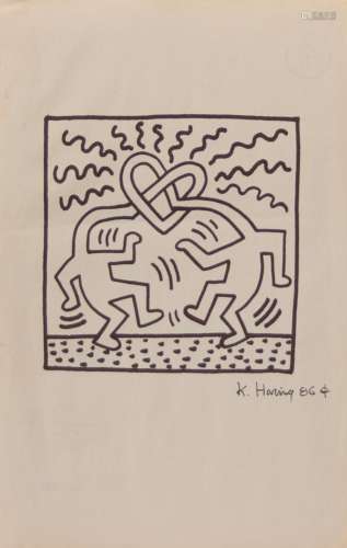 Keith Haring. "Dancing love". Black marker on pape...