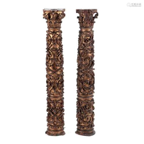 A PAIR OF BAROQUE COLUMNS WITH CHAPITERS
