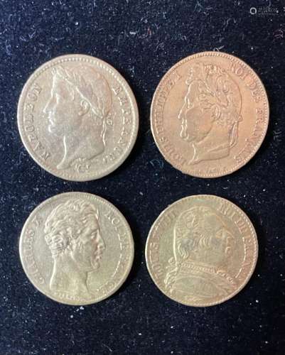 4 pièces 20 francs or (1811, 1814,1828 et 1834)Poids : 25,6 ...