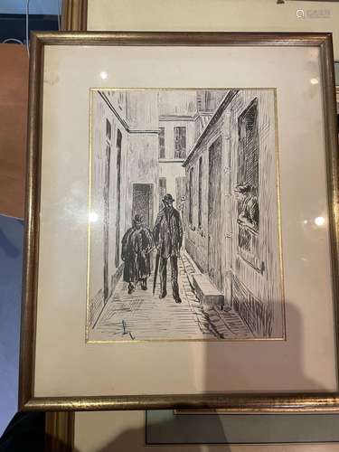 Trois pièces encadrées. Deux dessins et une reproduction.Deu...