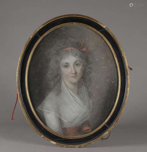 École FRANÇAISE, vers 1790Portrait de dame, un ruban rouge d...