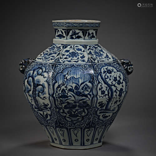 Yuan Dynasty of China,Blue and White Flower Binaural Jar