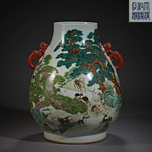 Qing Dynasty of China,Famille Rose Hundred Deers Binaural Ve...