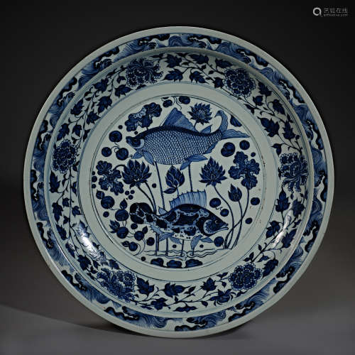 Yuan Dynasty of China,Blue and White Fish Pattern Plate