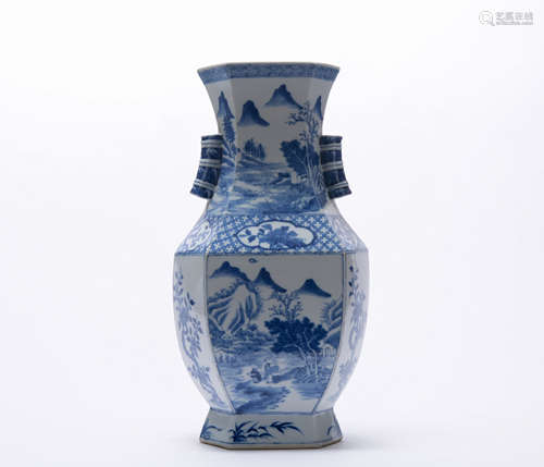 A blue and white 'landscape and floral' square vase