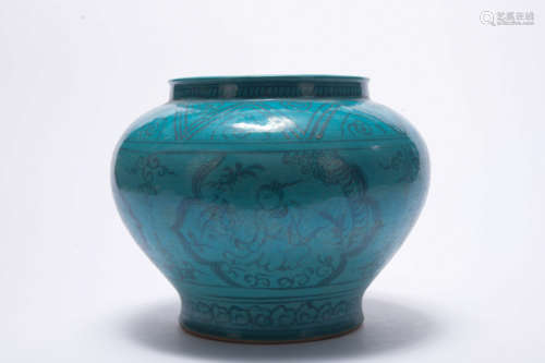 A peacock green glazed 'figure' and 'floral and birds' jar