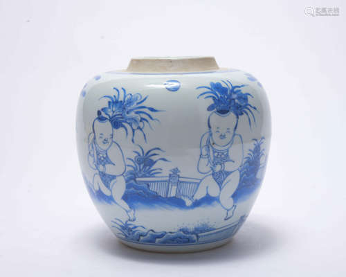 A blue and white 'child and plantain' jar