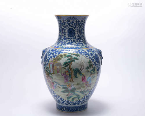 A blue and white and famille-rose 'figure' vase with two ear...