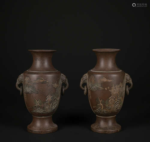 A pair of Zisha 'poems' vase