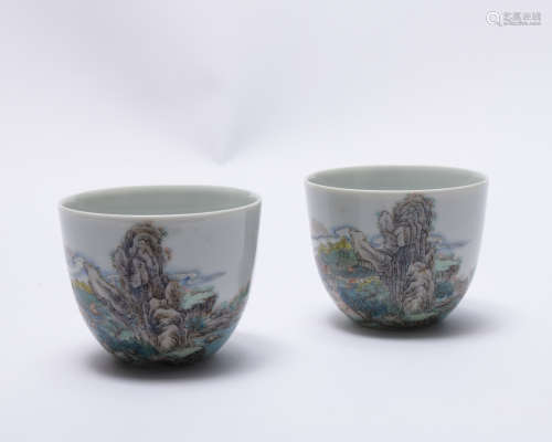 A pair of Wu cai 'landscape' cup