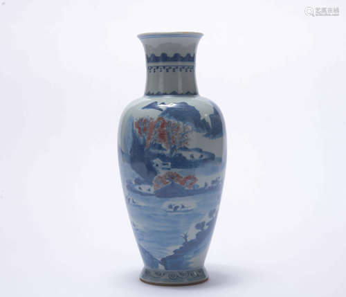 An underglaze-blue and copper-red 'landscape' vase