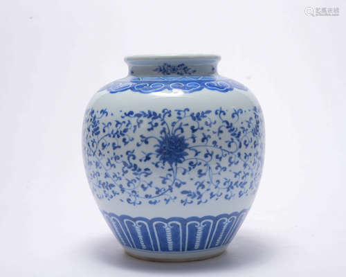 A blue and white 'floral' jar