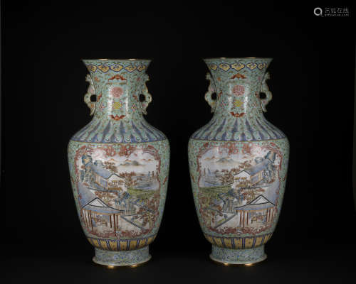 A pair of enamel 'landscape' vase
