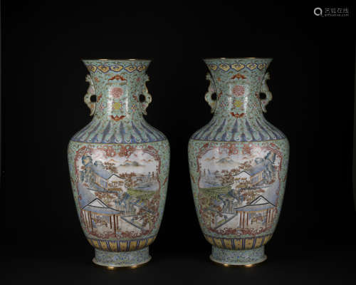 A pair of enamel 'landscape' vase