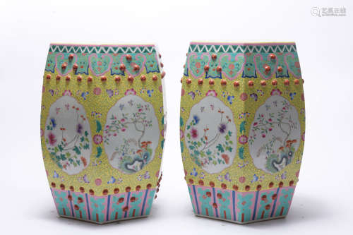 A pair of yellow-ground and famille-rose 'floral and birds' ...
