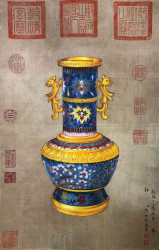 Chinese Qing Dynasty Lang shining silk porcelain painting sc...
