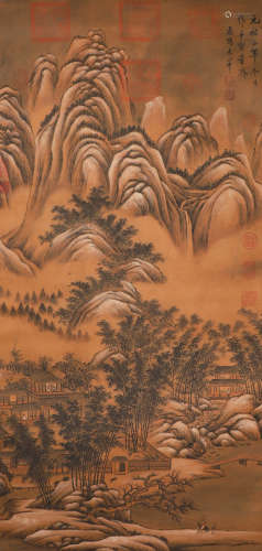 Ancient Chinese Mi Fu silk landscape painting axis