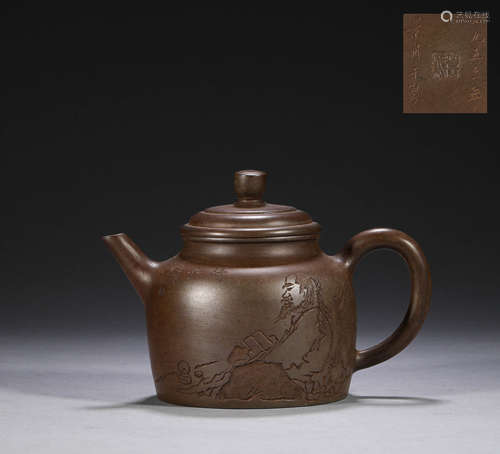 Purple clay pot with figure pattern in Qing Dynasty