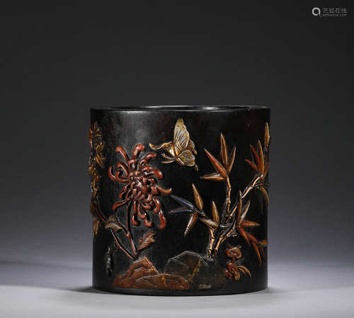 Red sandalwood Baibao flower and bird inlaid pen holder in Q...