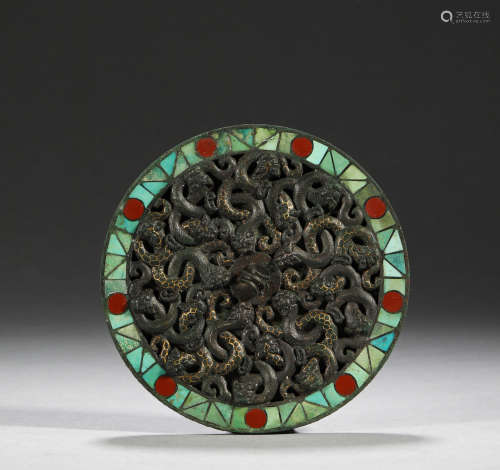Ancient Chinese bronze mirror inlaid with pine stone and sna...
