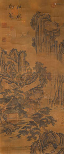 Ancient Chinese Guo Xi's silk landscape painting axis