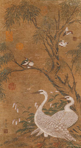 Ancient Chinese huangquan silk flower and bird painting scro...