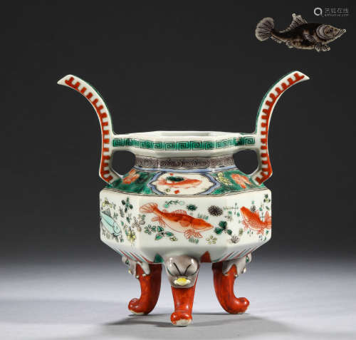 Colorful three legged double ear stove in Qing Dynasty