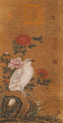 Ancient Chinese yellow silk flower and bird painting scroll