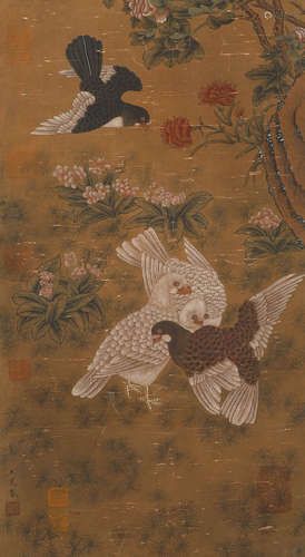 Ancient Chinese Wang Mian silk flower and bird painting scro...