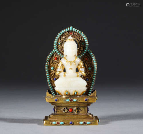 Ancient Chinese bronze gilded white jade Buddha statues